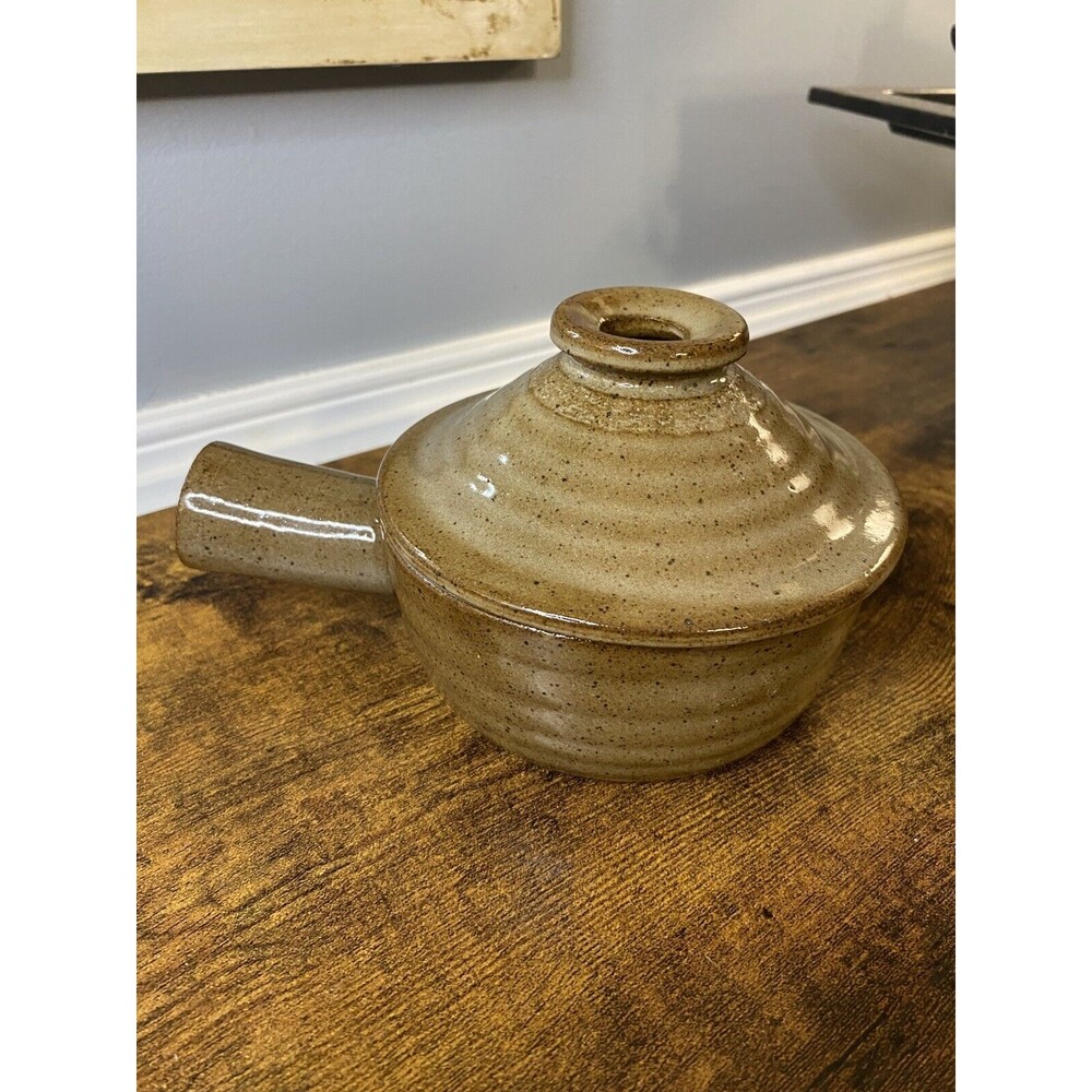 Vintage HandmadeStoneware Soup Bowl With Lid Handle Pottery